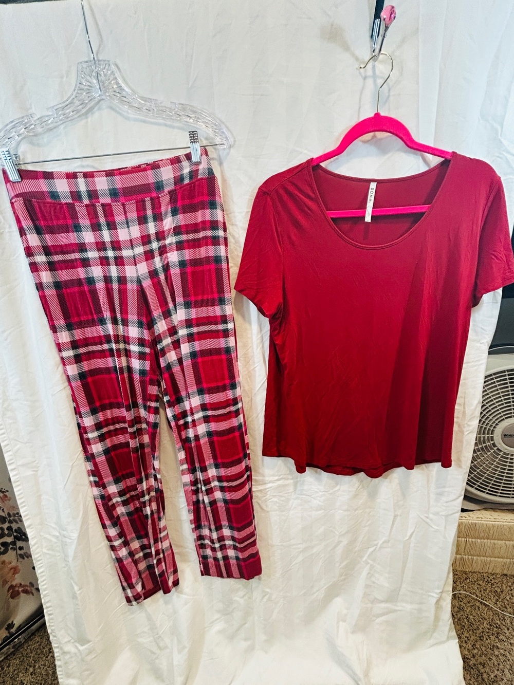 Soma Red Short Sleeve Pajama Top with Red & Pink Plaid Lounge Pants